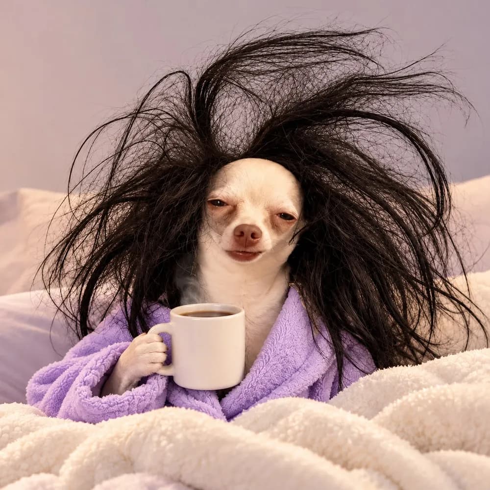 Sleego holding a coffee mug, eyes half shut