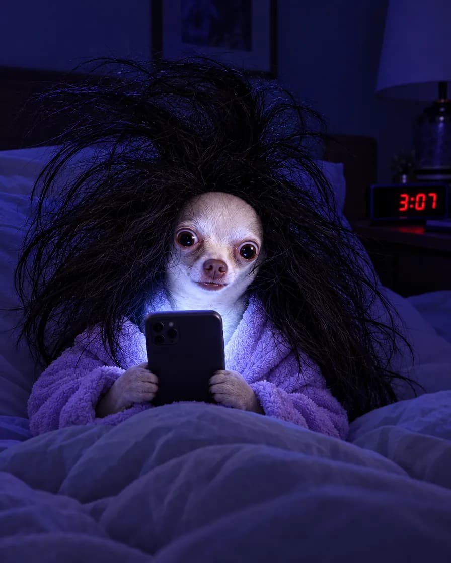 Sleego wide-eyed in bed at night, lit by a phone screen