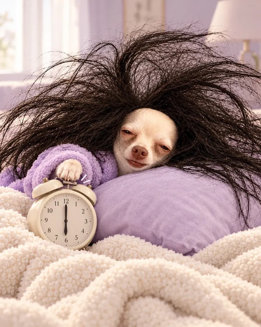 Sleego face down on a lavender pillow, paw on the alarm clock
